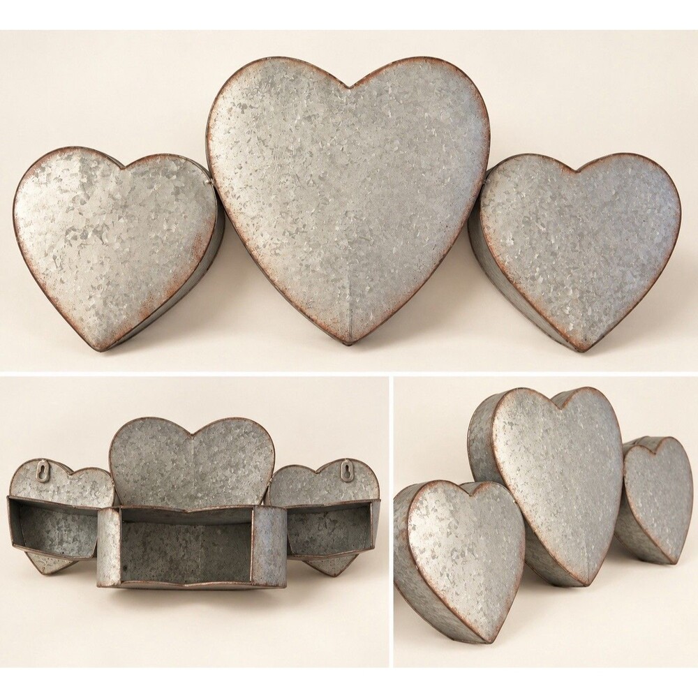 Set of 3 Galvanized Heart Wall Pockets